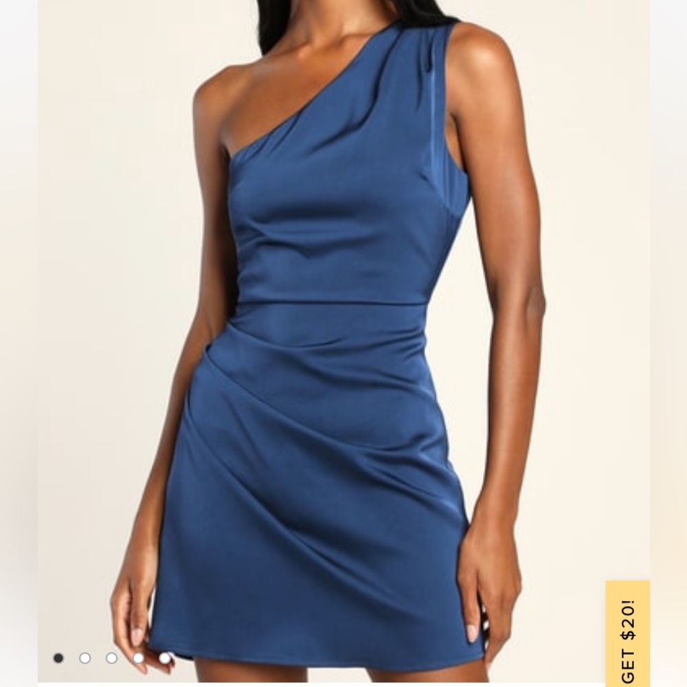 Lulus Love Me Tonight Navy Blue Satin One-Shoulder Mini Dress